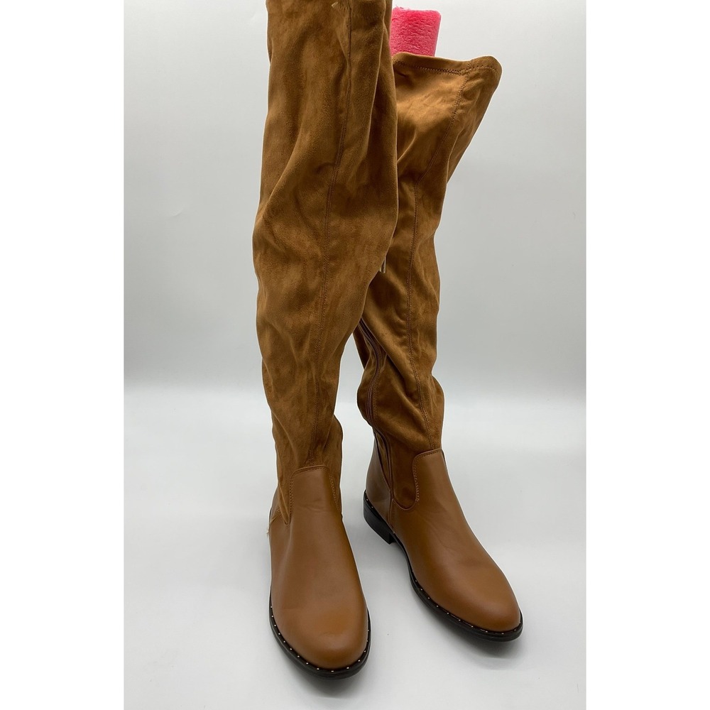 Bamboo Preppy-14M Over The Knee Boots Womens 8 Cognac Brown Faux Suede Studded